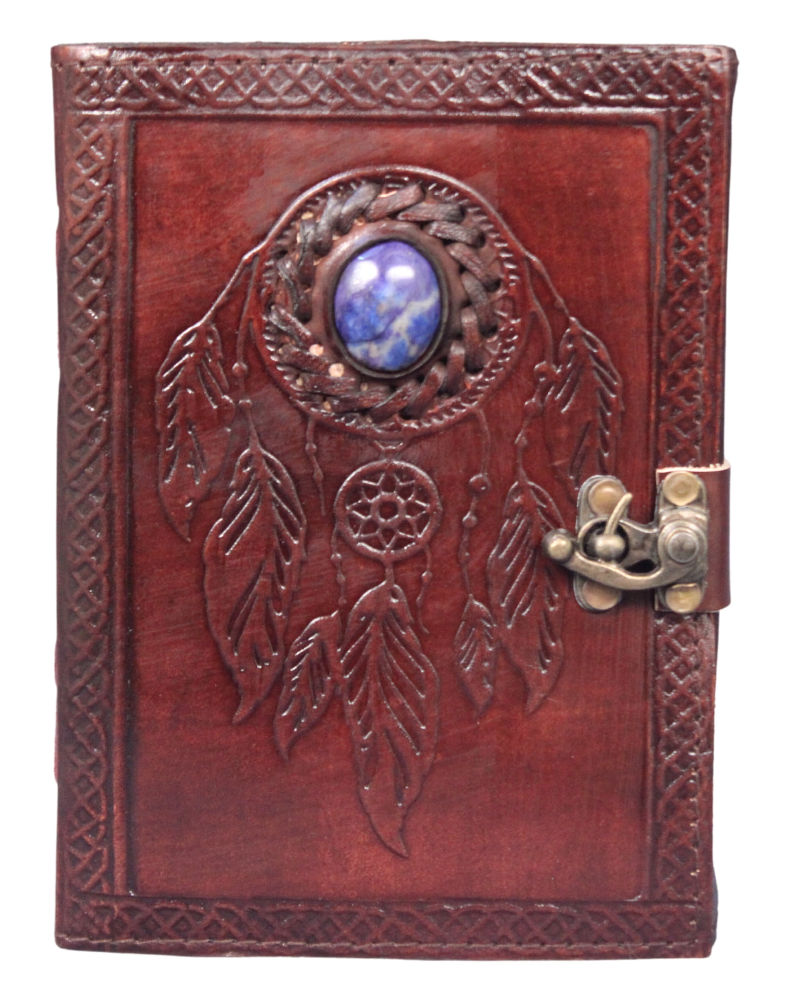 Genuine Leather Dreamcatcher Journal – Handmade Embossed Writing Diary with Lapis Stone & Antique Lock | Unlined Notebook & Sketchbook for Men & Women