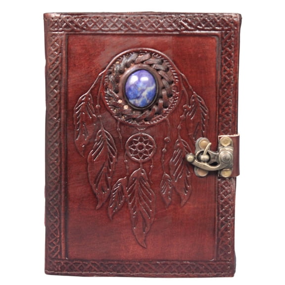 Genuine Leather Dreamcatcher Journal Handmade Embossed Writing Diary with Lapis Stone & Antique Lock | Unlined Notebook & Sketchbook for Men & Women