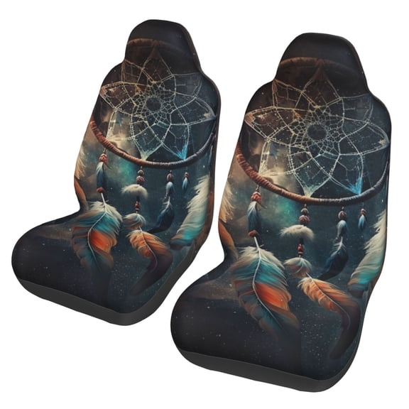 Dream Catcher Feather Starry Art Car Seat Cover 2 Pcs Auto Front Bucket Seats Protector Cushion Universal Vehicle Truck SUV