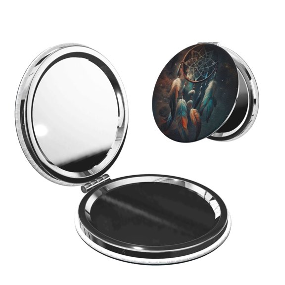Dream Catcher Feather Starry Art Portable Double-Sided Face Mirror Round Shape, Magnifying Compact Pocket Mirror with PU Leather Cover