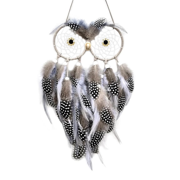 Dream Catcher, Handmade Wisdom Owl Wall Hanging with Feathers and Wooden Beads, Boho Artisanal Home Decor for Bedroom Nursery Wedding Party