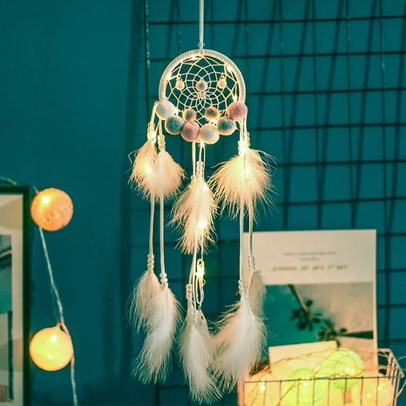 Dream Catcher Handwork with Pompon Feather Wind Chime Wall Hanging Home Decoration GiftWithout Light