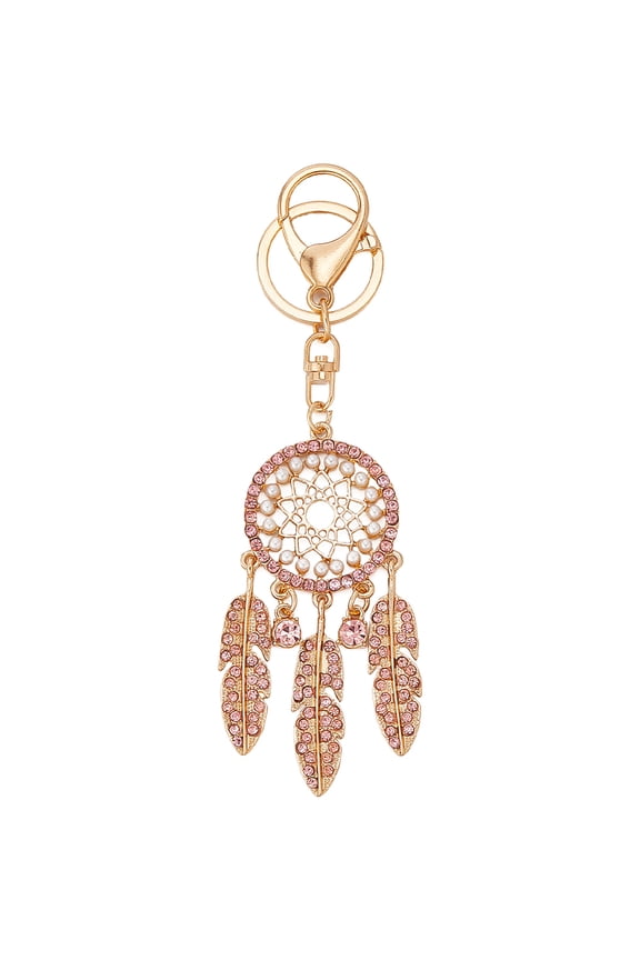 Dream Catcher Keychain Gold Metal Pearl Good Luck Keyring Friendship Dreamcatcher Charms Hanging Decoration Pink Rhinestone Feather PendantDIY