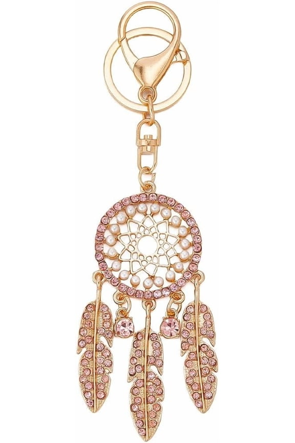 Dream Catcher Keychain Gold Metal Pearl Good Luck Keyring Friendship Dreamcatcher Charms Hanging Decoration Pink Rhinestone Feather Pendant