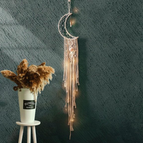 Dream Catcher with LED String Lights Handmade Boho Macrame Wall Hanging Photo Display Woven Decoration Ornament with Photo Clips for Room Wedding Home Decor (Moon)