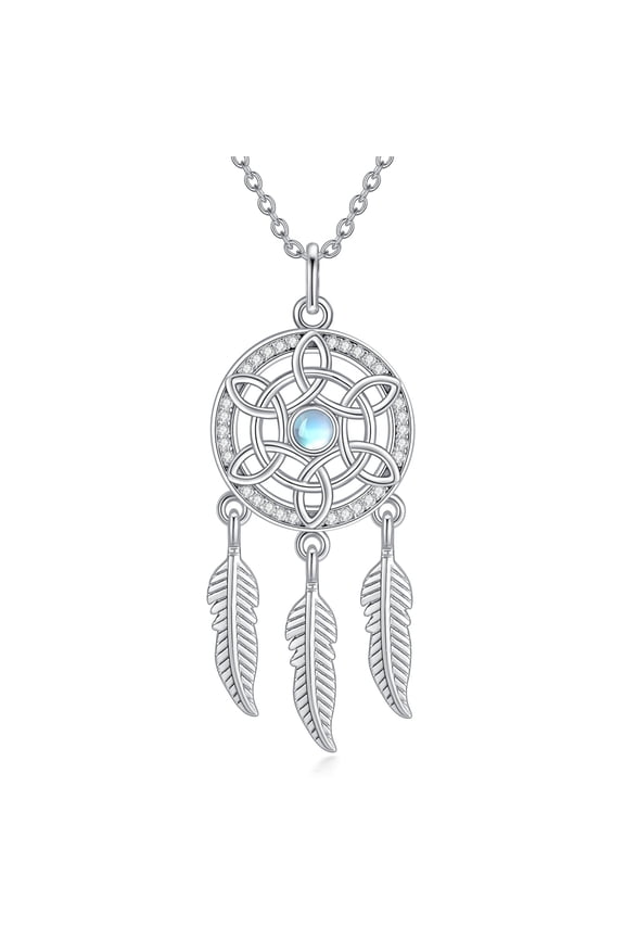 Dream Catcher Necklace 925 Sterling Silver Celtic Knot Necklace Moonstone Dreamcatcher Feather Pendant Necklace for Women