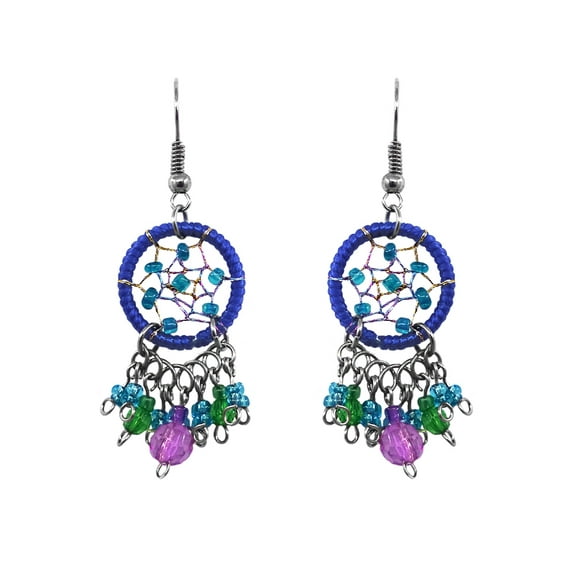 Dream Catcher Short Seed Bead Crystal Beaded Metal Dangle Earrings - Womens Fashion Handmade Jewelry Boho Accessories