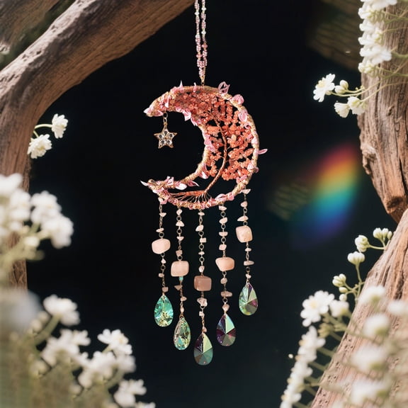 Dream Catcher with Suncatcher, Handmade Dream Catchers for Adults Bedroom Decor, Moon Wall Hanging Bohemian Room Decor Spiritual Gift for Women,17 IN(Pink)