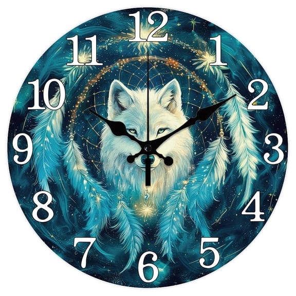 Dream Catcher Wall Clock 12 Inch Wolf Clock Battery Operated Silent Non Ticking Magic Round Decorative Clocks for Home Office DecorationDIY