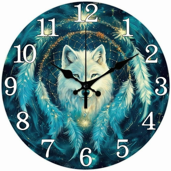 Dream Catcher Wall Clock 12 Inch Wolf Clock Battery Operated Silent Non Ticking Magic Round Decorative Clocks