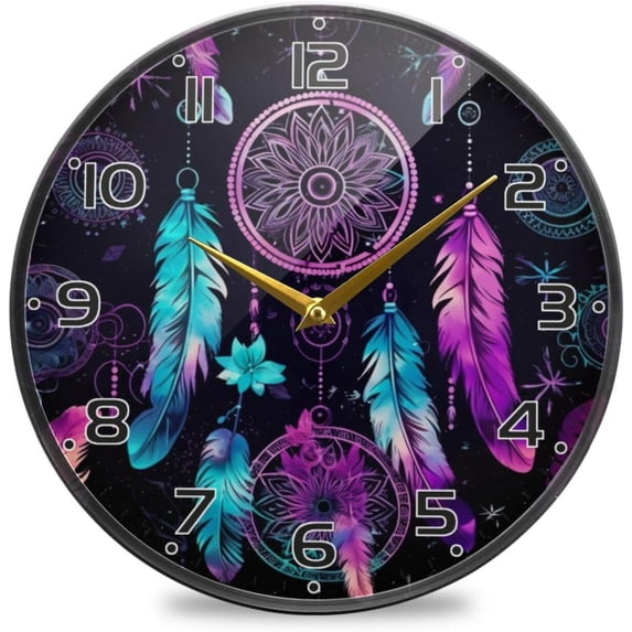 Dream Catcher Wall Clock Round Silent Non Ticking Battery Operated Accurate Arabic Numerals Design Clocks for Home Kitchen Living Room Bedroom 9.5inch Home Decor