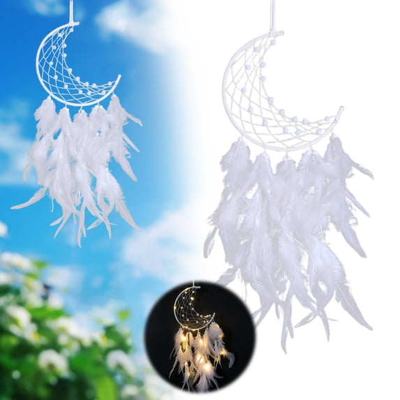 Dream Catchers Woven Wall Hanging, Moon Room Hanging Decoration, White Art Craft Hanging Decoration, Moon Feather Dreamcatcher Room Lamp Hanging Decoration 17.3 Inch