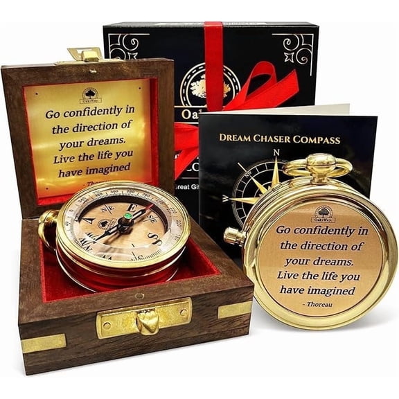 OakiWay The Dream Chaser Compass for Men - Inspiring & Motivational Gift with Elegant Design, Polished with Premium Brass, Decorative in wooden case box, Greeting Card Included- Perfect occasion for