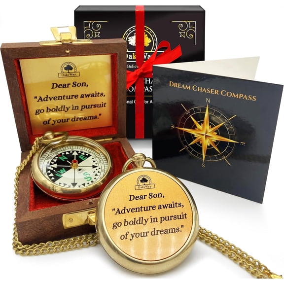 The Dream Chaser Compass in Wooden Box - 2025 Graduation Gifts for Him, College, High School, Birthday Gift Idea for Son, Boys, Daughter - Greeting Card Included, Inspirational, Motivational Present