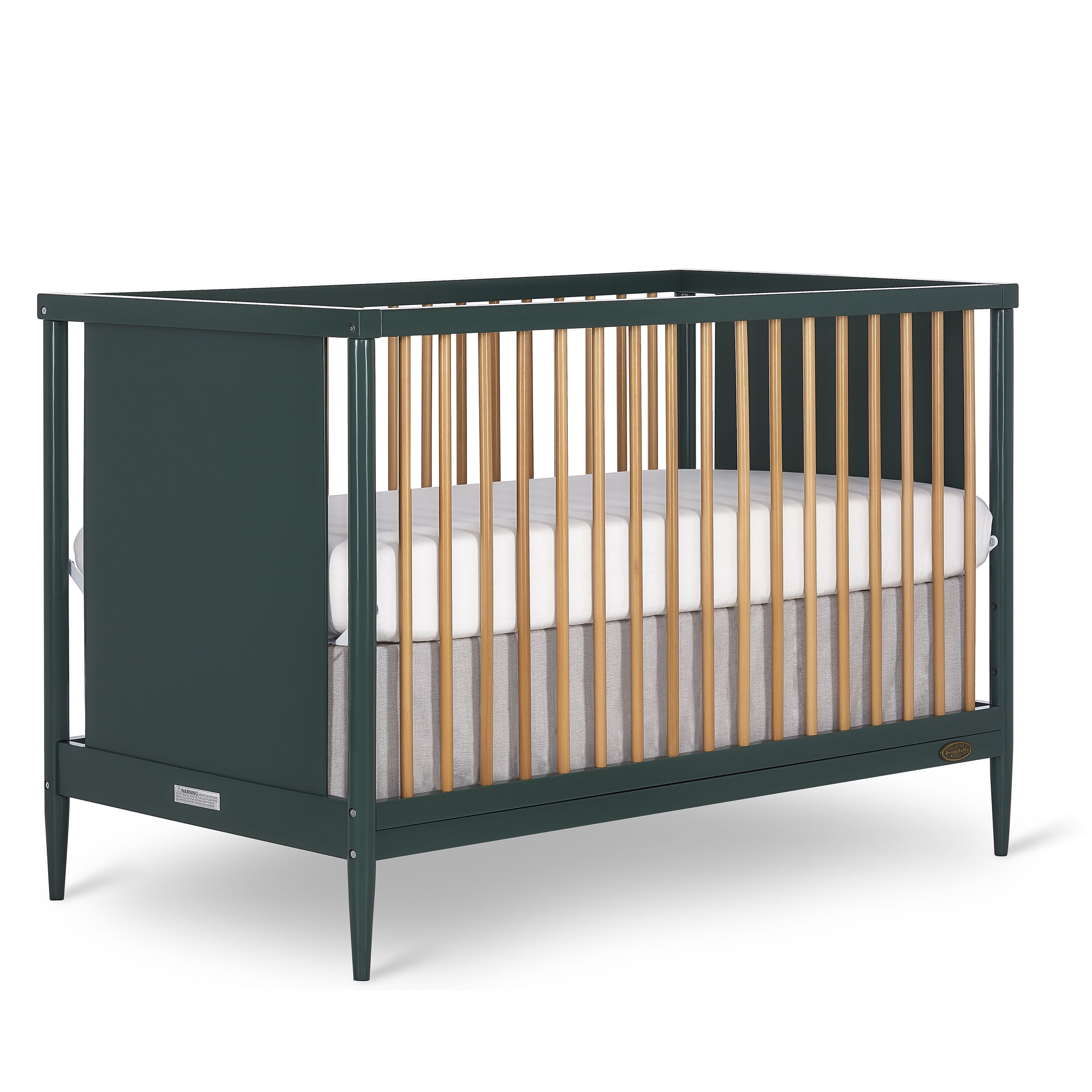 Dream On Me Clover 4 In 1 Modern Island crib With Rounded Spindles I Convertible Crib I Mid- Century Meets Modern I Coordinates With The Clover Changing Table in Olive Finish