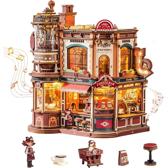 Dream Coffee Factory, Wooden Music Box Model, Mechanical 3D Wooden Puzzles for Adults, Building Kit with Moving LED Lights, Miniature House Kits, Desk Decor Gift