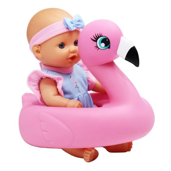 Dream Collection: 10" Bath Time Baby Doll & Flamingo Floatie Set - Pink, Blue, White - Swaddle Blanket Towel, Hard Body, Water Play Toy Set, Kids 2+