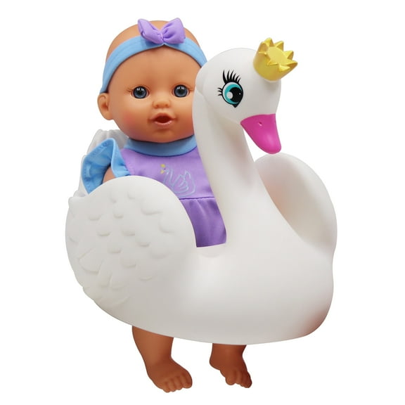 Dream Collection: 10" Bath Time Baby Doll & Swan Floatie Set - Purple, Blue, White - Swaddle Blanket Towel, Hard Body, Water Play Toy Set, Kids 2+