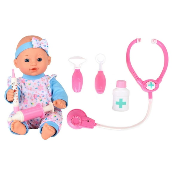 Gi-Go: Medical Set - 12 Baby Doll - Blue & Pink Flowers - 6pc Tool Accessories, Sounds Stethoscope, Soft Body, Doctor Care Play, Toy Set, Kids 2+