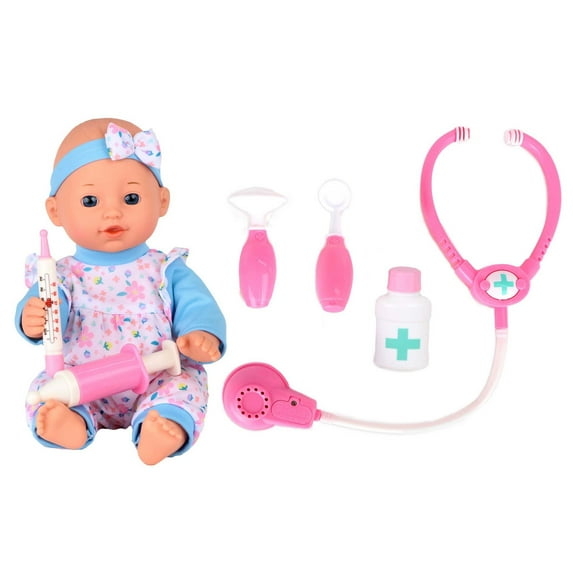 Gi-Go: Medical Set - 12” Baby Doll - Blue & Pink Flowers - 6pc Tool Accessories, Sounds Stethoscope, Soft Body, Doctor Care Play, Toy Set, Kids 2+