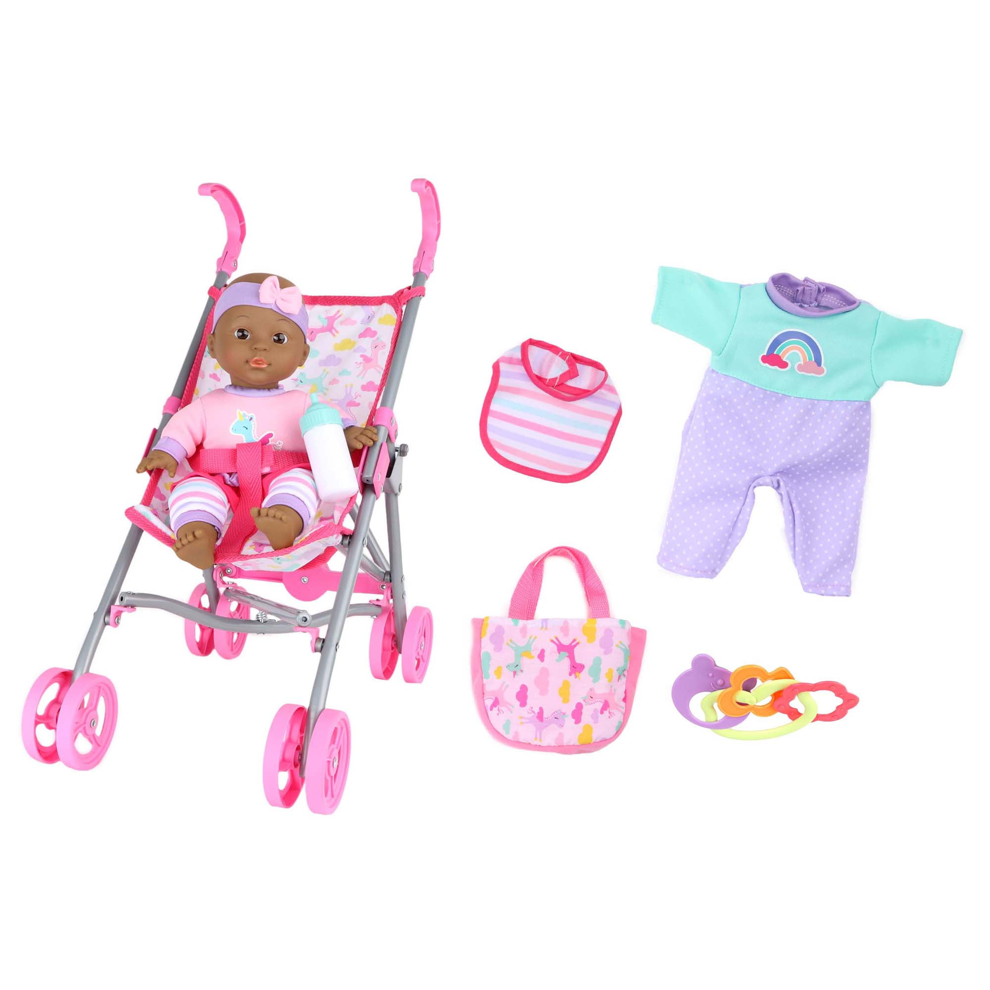 Dream Collection: Care Gift Set - 12" African American Baby Doll & Stroller - Unicorn-Pink-Purple, Toy Care Accessories, Bag & Extra Outfit, Kids 3+