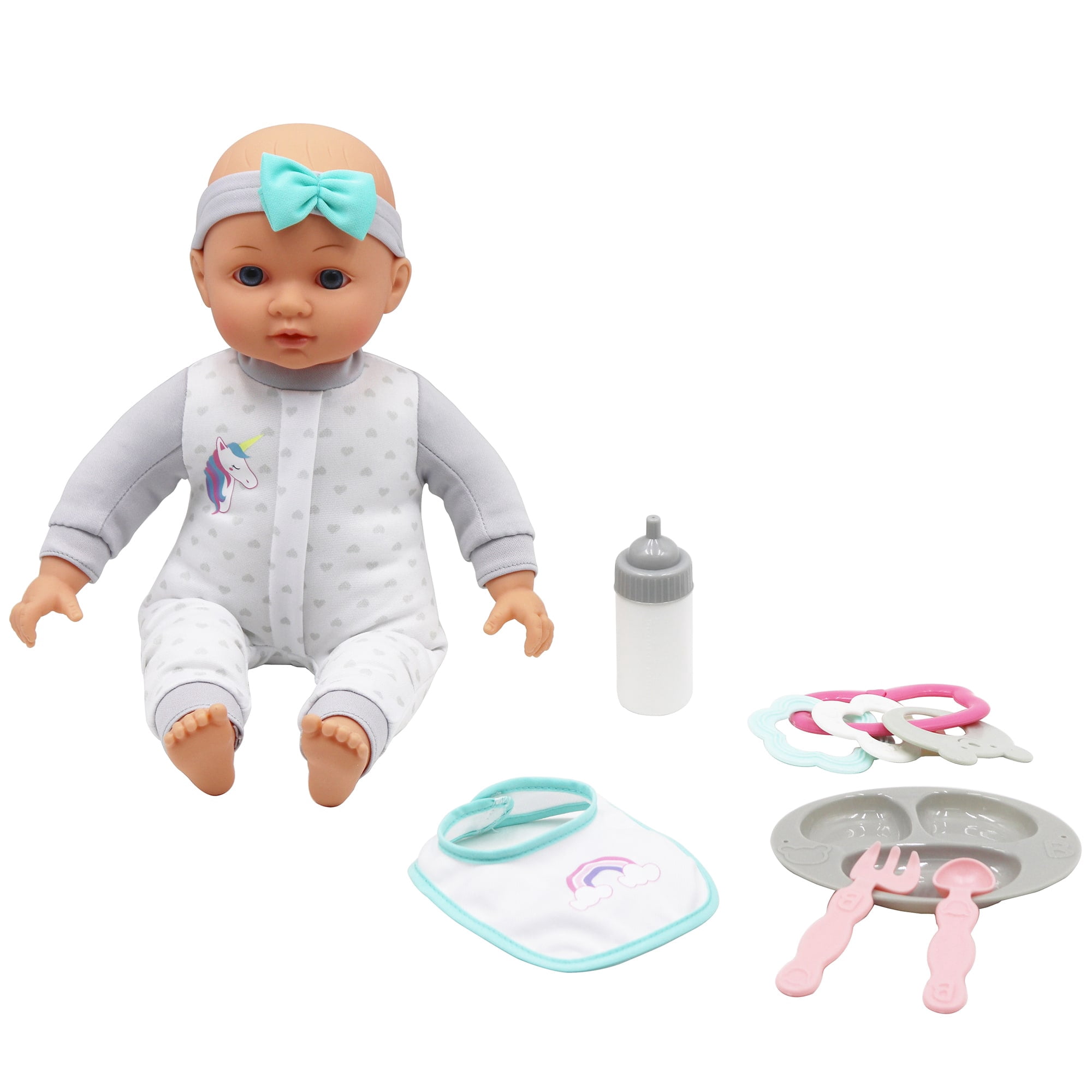 Dream Collection: 14" Baby Doll Feeding Playset - Gray Heart & Unicorn Onesie, Rainbow & Blue Bib, Bottle-Bowl-Rattle Toy Accessories, Kid-Toddlers 2+