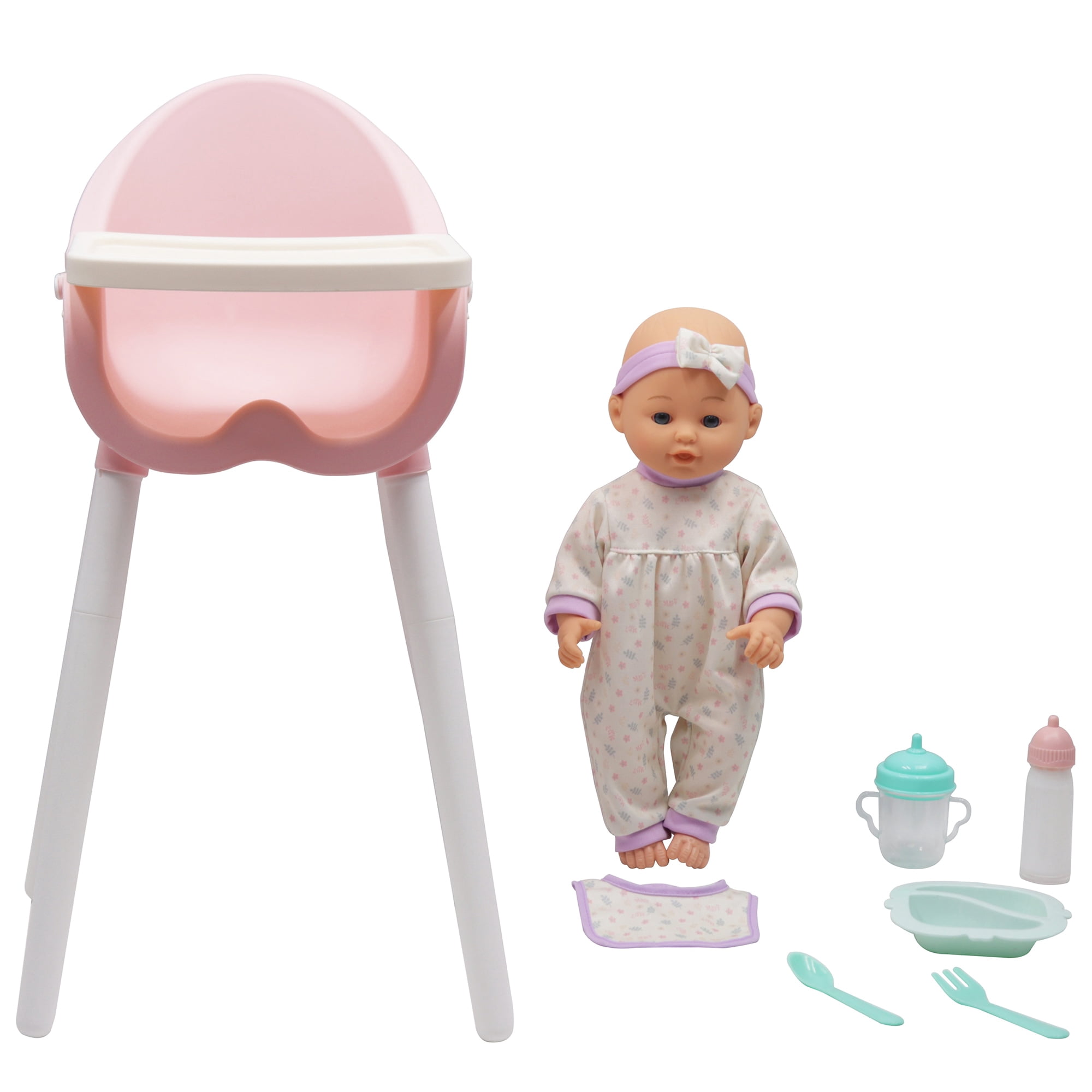 Dream Collection: 14" Baby Doll & High Chair Playset - White-Purple Onesie, Headband & Bib, Pink Feeding Chair, Toy Care Accessories, Kids-Toddlers 2+