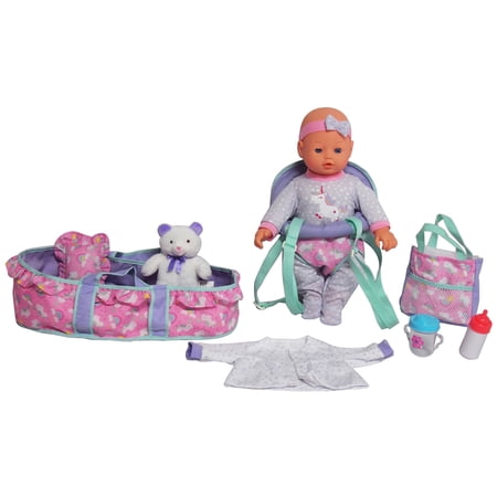 Dream Collection: Deluxe 16" Baby Doll Traveling Set - Unicorn, Grey-Pink-Green - Plush Bear, Bag &Toy Care Accessories, Bassinet & Carrier, Kids 2+