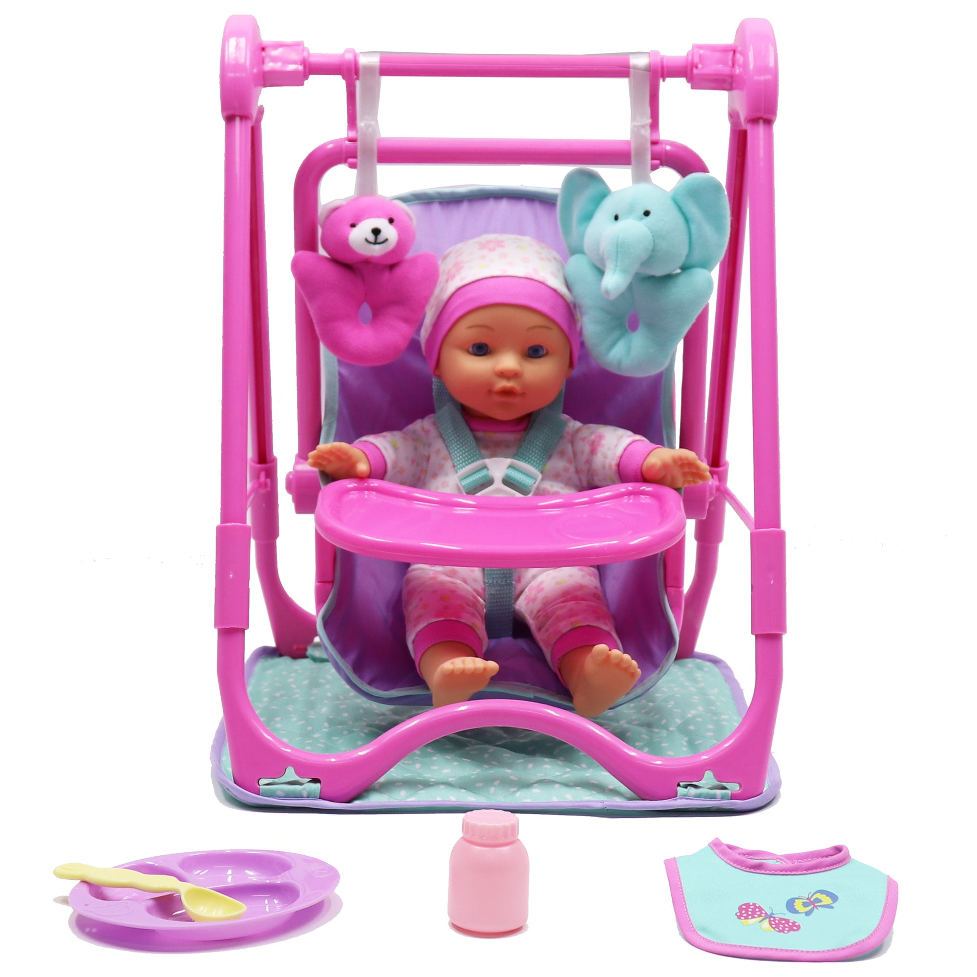 Dream Collection Baby Doll 4 in 1 High Chair Play Set Pink Teal 12 Doll Hand Held Carrier Feeding Accessories Realistic Play Kids Ages 2