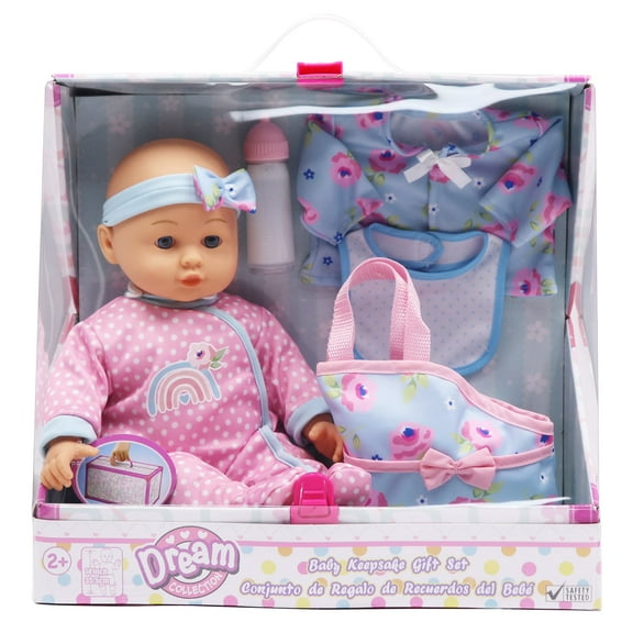 Dream Collection: Baby Keepsake Gift Set - Pink & Blue - 14" Lifelike Baby Doll, Hard Body, Mix & Match Clothing, Accessory Bag, Bottle, Kids Ages 2+