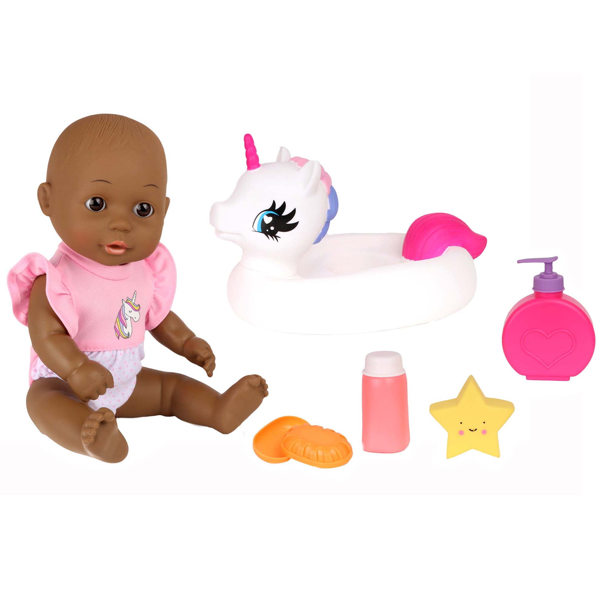 Dream Collection: Bath Time Doll Set - 12" African American Baby Doll & Unicorn Floatie - Pink & White, Water Play Toy Accessories, Hard Body, Kids 2+
