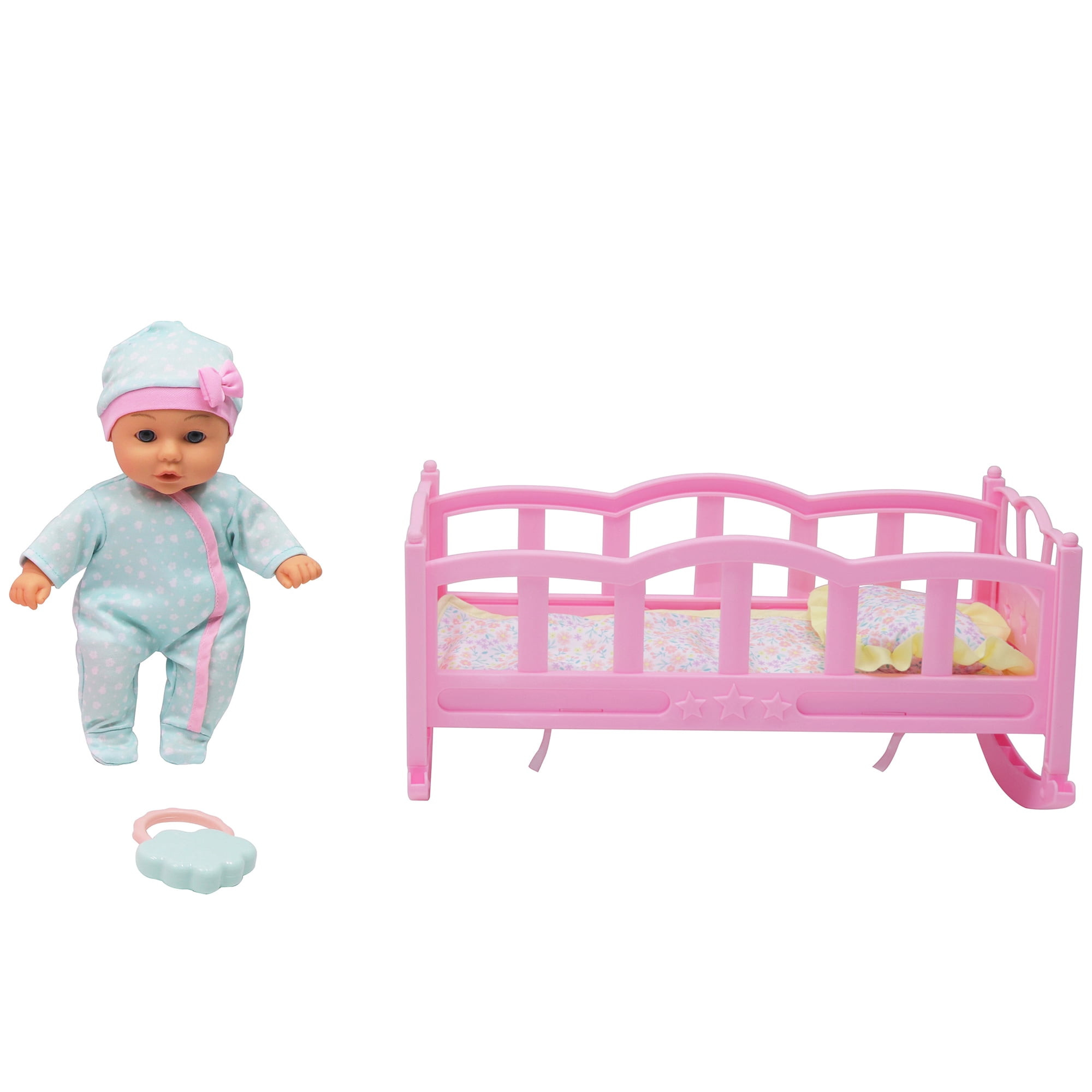 Dream Collection: Musical Crib & 12" Baby Doll Set - Blue & Pink Onesie, Sleep Cap, Rocking Crib Plays Soothing Lullabies, Toy Rattle, Kid-Toddlers 2+