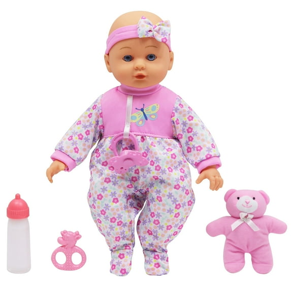 Dream Collection: Soft Baby Doll Maggie - Pink & White, 14" Lifelike Baby Doll, 2 pc Feeding Accessories, Rattle, Pacifier, Pretend Play, Kids Ages 2+