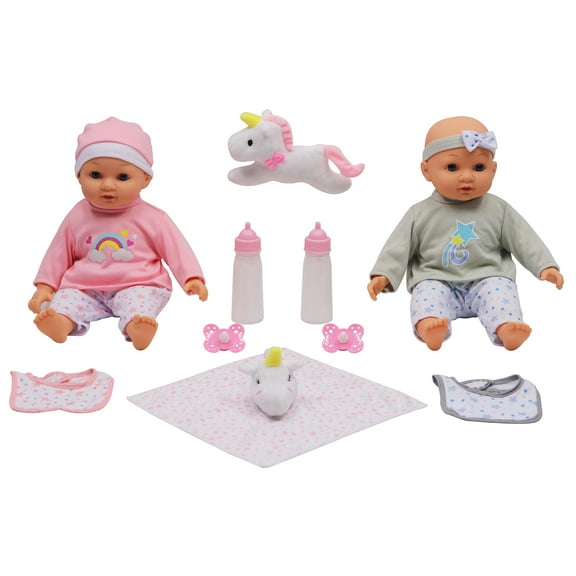 Dream Collection: 14" Twins Baby Doll Set - Grey & Pink, Rainbow & Star Designs, 2 Doll Set, Plush Unicorn, Pacifier, Bib, Magic Bottle, Bibs, Kids 2+