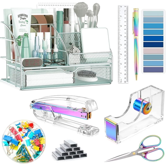 Dream Color Desk Accessories, Office Desk Organizers and Accessories Supplies with Mesh Desk Organizer, Tape Dispenser, Stapler, Staples, Ballpoint Pen, Clips Set, Ruler, Scissor, Sticky Tabs