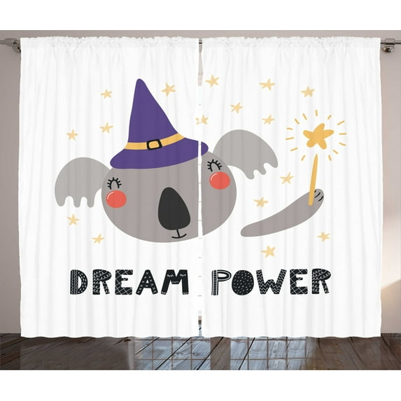 Dream Curtains 2 Panels Set, Cute Funny Koala in a Witch Hat Holding Magic Wand with Lettering Quote Dream Power, Window Drapes for Living Room Bedroom, 108"W X 84"L,Multicolor, by Ambesonne