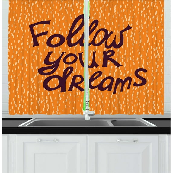 Dream Curtains 2 Panels Set, Warm Colored Composition with Follow Your Dreams Phrase Abstract Backdrop, Window Drapes for Living Room Bedroom, 55"W X 39"L,Orange Plum and Cream, by Ambesonne