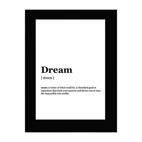Dream Dictionary Definition, Black Frame 7x5 Decorative Wall Plaque With Easel Acrylic Stand | Elegant Minimalist Design | Inspirational Typographic Decoration