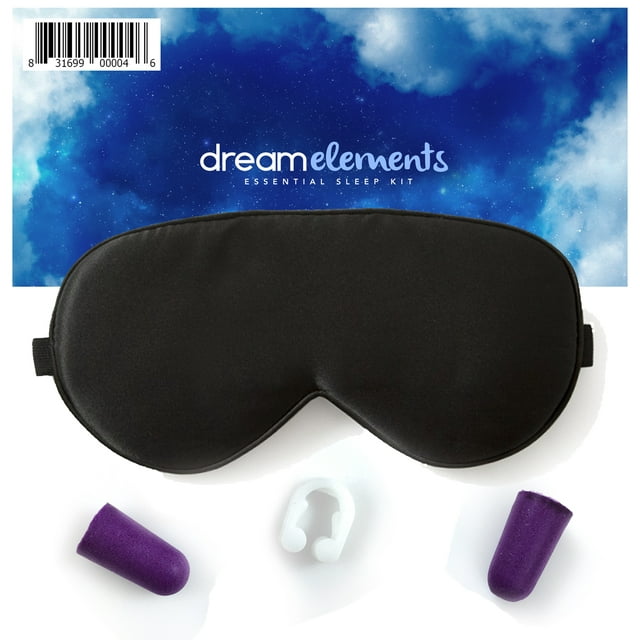 Dream Elements Sleep Mask -- 100% Pure Mulberry Silk Eye Mask - with Foam Ear Plugs & Anti Snoring Nose Clip - For Men & Women - Great for Travel - Hypoallergenic Mask