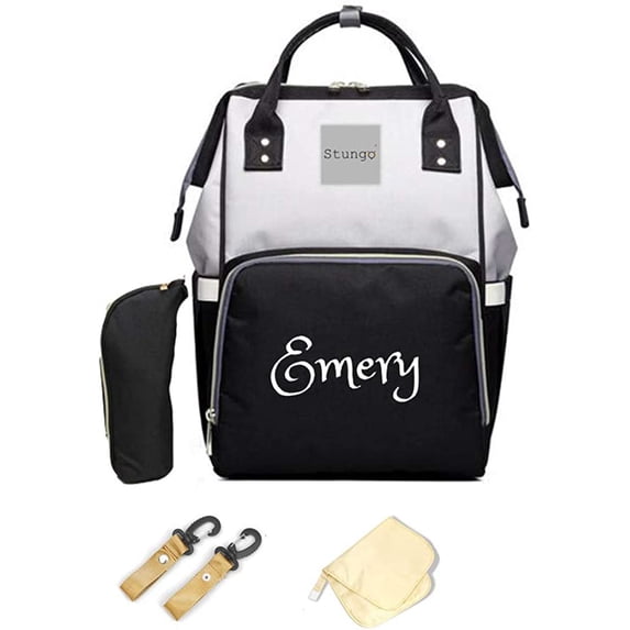 Dream Embroidery Personalized Large Diaper Bag with Insulated Pockets, Black/Grey