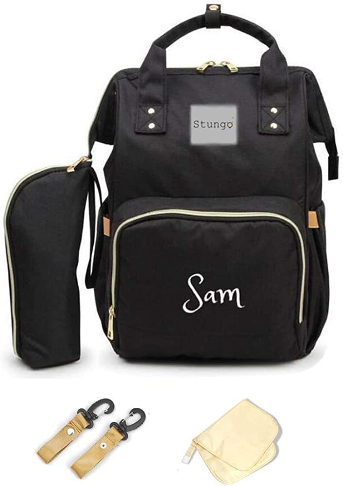 Dream Embroidery Water Resistant Large Personalized Diaper Bag with Bottle Warming Pouch, Black