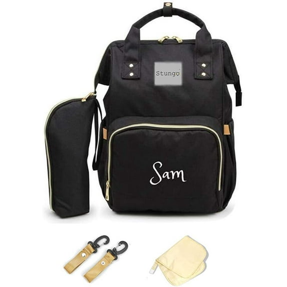 Dream Embroidery Water Resistant Large Personalized Diaper Bag with Bottle Warming Pouch, Black