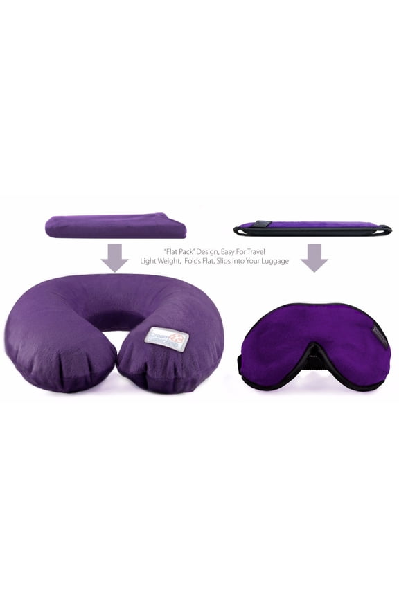Travel Flat Pack Neck Pillow Plus Escape Sleep Mask Bundle -Purple