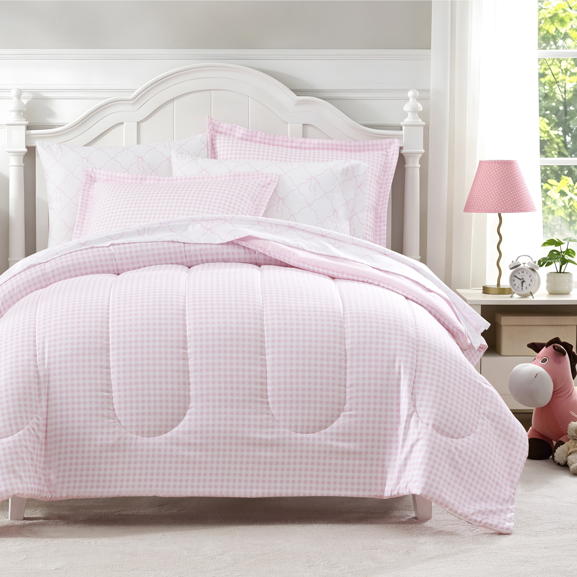 Dream Factory 5-Piece Checkered Bows Bed in a Bag, Pink, Twin