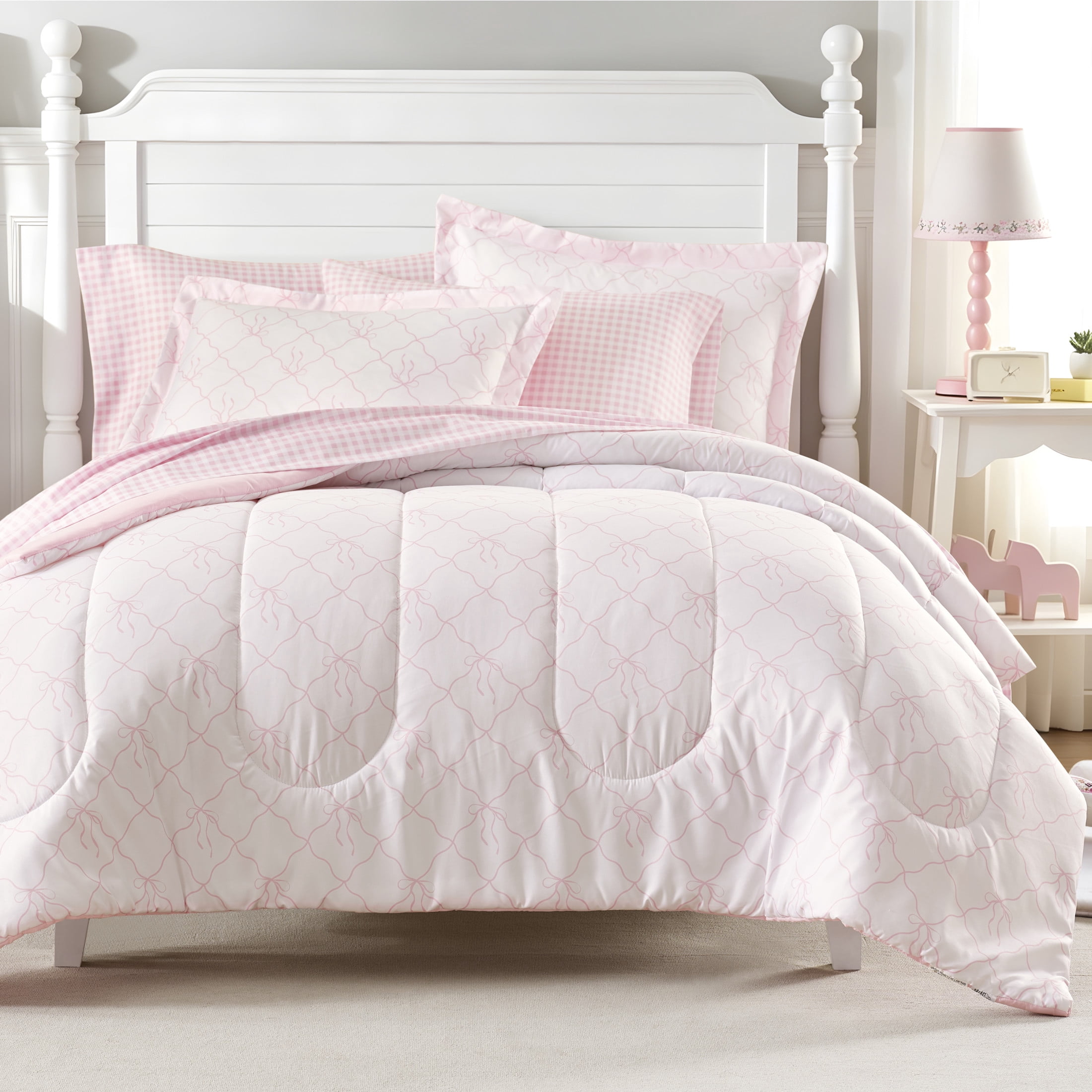 Dream Factory 7-Piece Bow Trellis Bed in a Bag, Pink, Full