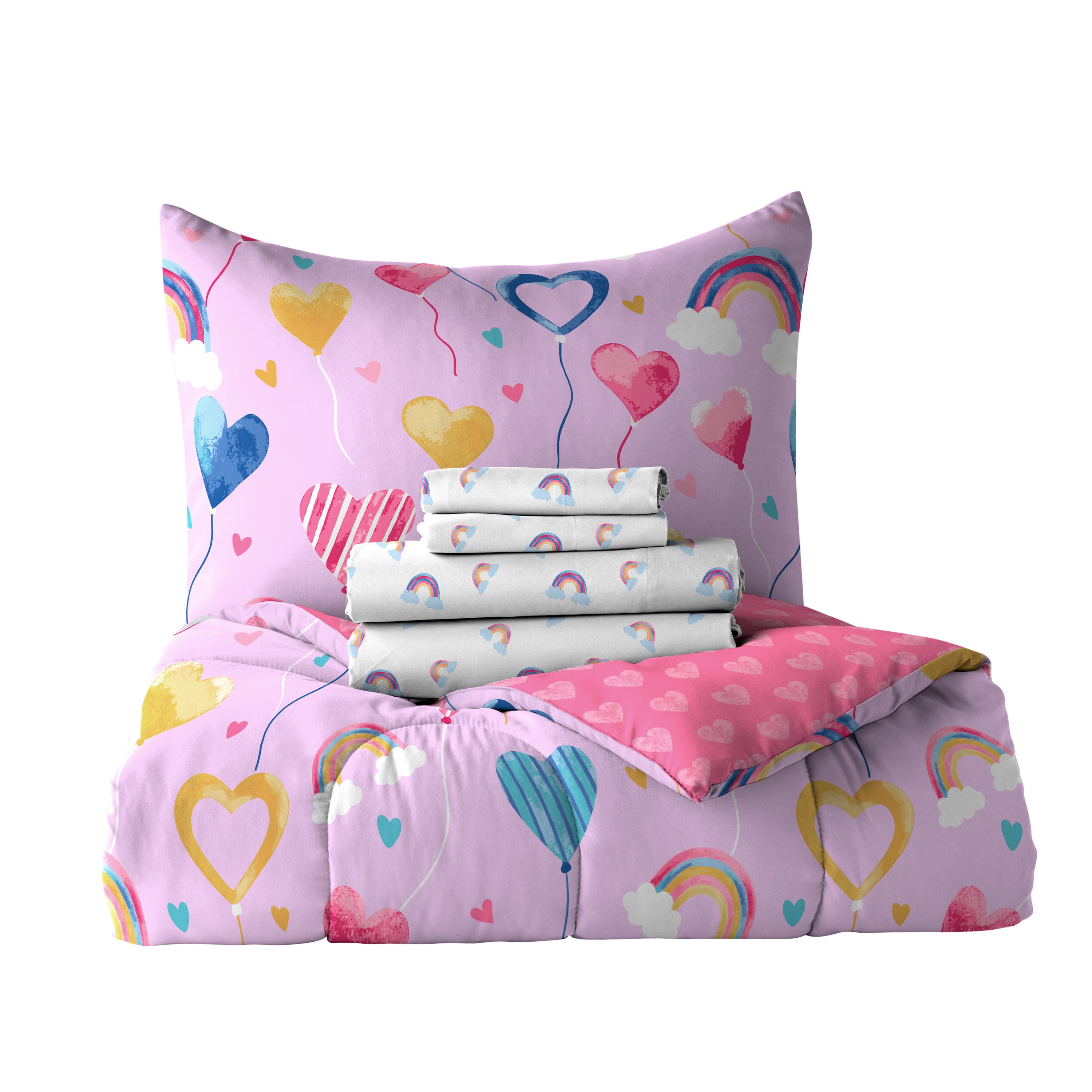 Pink Hearts and Rainbows Twin Microfiber Bed in a Bag Set