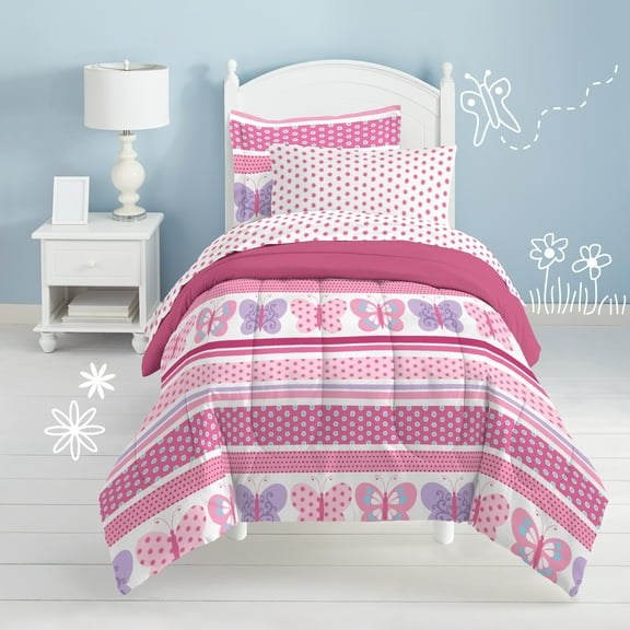 Dream Factory Butterfly Dots Twin 5 Piece Comforter Set, Polyester, Microfiber, Pink, Purple, White, Multi, Child, Female