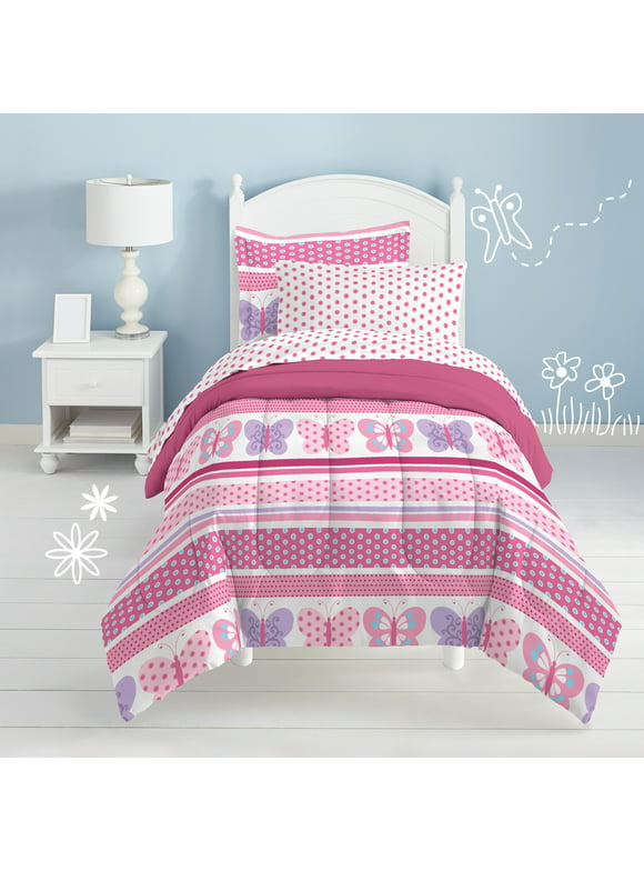 Dream Factory Butterfly Dots Twin 5 Piece Comforter Set, Polyester, Microfiber, Pink, Purple, White, Multi, Child, Female