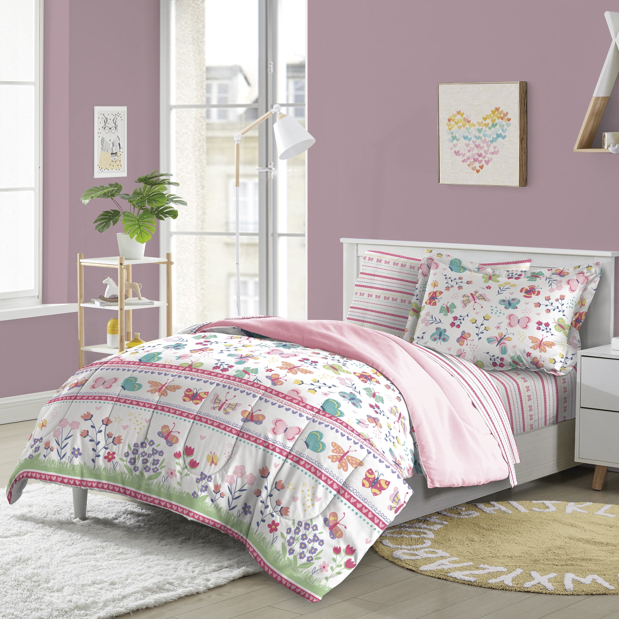 Dream Factory Butterfly Garden Twin Bed in a Bag Pink, Microfiber, 100