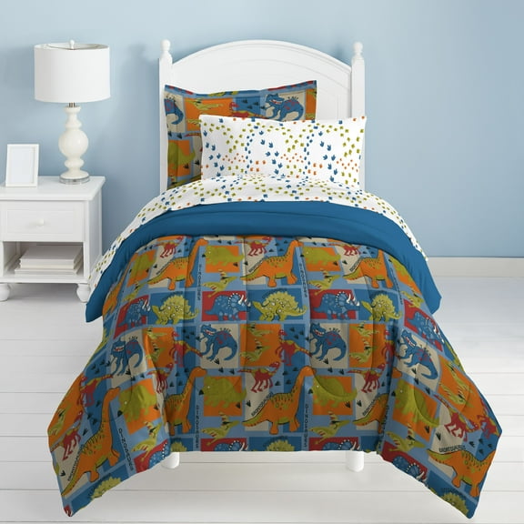 Dream Factory Dino Blocks Twin 5 Piece Comforter Set, Bed-in-a-Bag, Polyester, Blue, Male, Child
